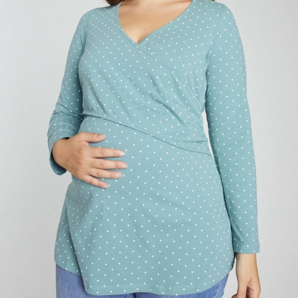 ULLA POPKEN Nursing Blue Polka Dot Organic Cotton Longsleeve Maternity Top
